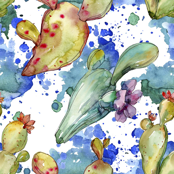 Green cactus floral botanical flowers. Watercolor background illustration set. Seamless background pattern. - Фото, изображение