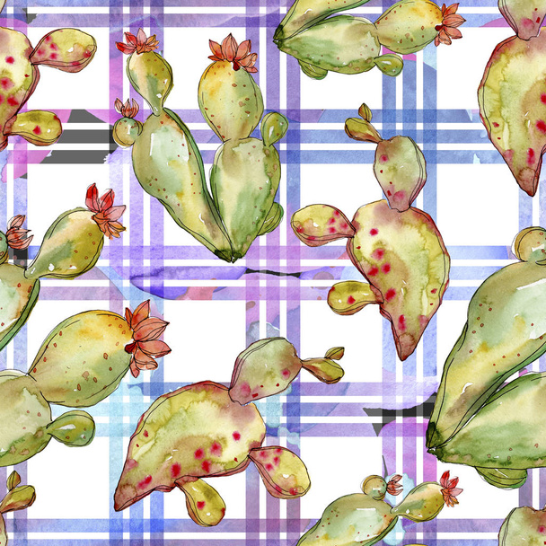 Green cactus floral botanical flowers. Watercolor background illustration set. Seamless background pattern. - Foto, Imagen