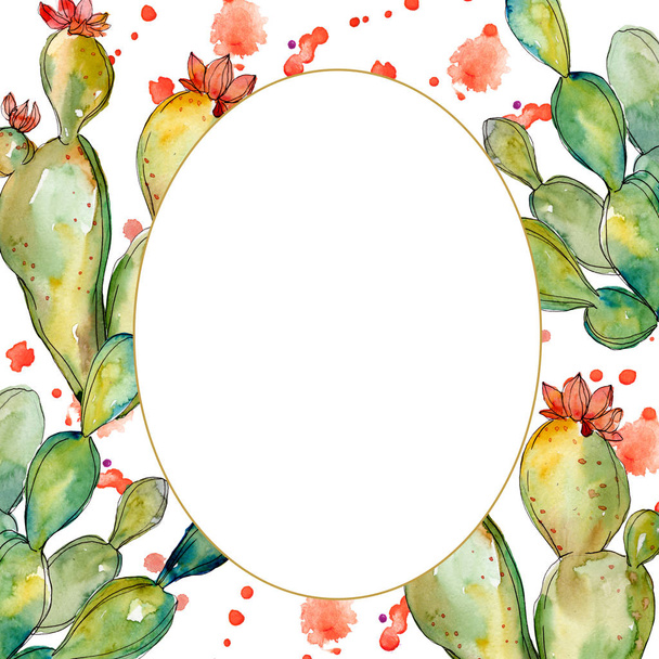 Zielony kaktus kwiatowy kwiatów botanicznych. Akwarela zestaw ilustracji tła. Obramowanie ramy ornament kwadrat. - Zdjęcie, obraz