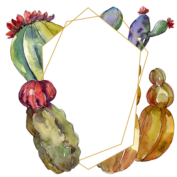 Cactus floral botanical flowers. Wild spring leaf wildflower isolated. Watercolor background illustration set. Watercolour drawing fashion aquarelle isolated. Frame border crystal ornament square. - Fotó, kép