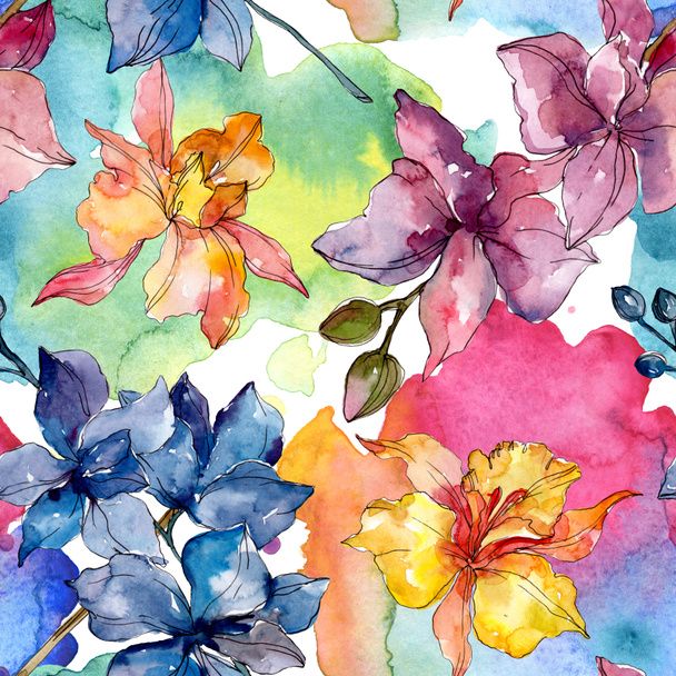 Orchid floral botanical flowers. Wild spring leaf wildflower. Watercolor illustration set. Watercolour drawing fashion aquarelle. Seamless background pattern. Fabric wallpaper print texture. - Φωτογραφία, εικόνα