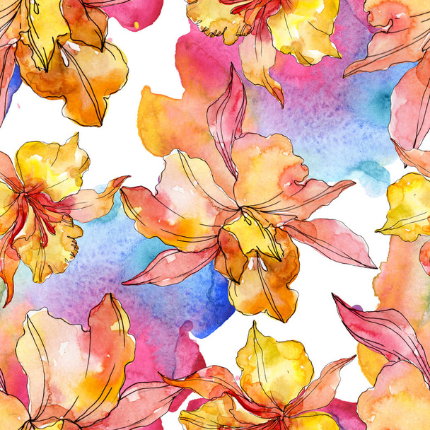 Orchidea virág botanikai virágok. Vad tavaszi levél vadvirág. Akvarell illusztráció meg. Akvarell rajz divat Aquarelle. Folytonos háttérmintázat. Szövet tapéta nyomtatási textúra. - Fotó, kép