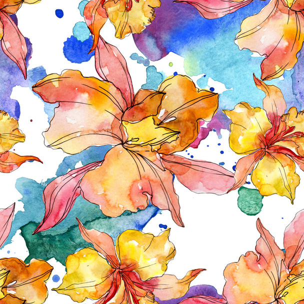 Orchid floral botanical flowers. Wild spring leaf wildflower. Watercolor illustration set. Watercolour drawing fashion aquarelle. Seamless background pattern. Fabric wallpaper print texture. - Foto, Imagem