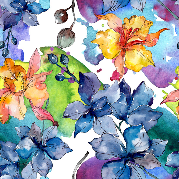 Orchidea virág botanikai virágok. Vad tavaszi levél vadvirág. Akvarell illusztráció meg. Akvarell rajz divat Aquarelle. Folytonos háttérmintázat. Szövet tapéta nyomtatási textúra. - Fotó, kép