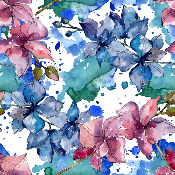 Orchid floral botanical flowers. Wild spring leaf wildflower. Watercolor illustration set. Watercolour drawing fashion aquarelle. Seamless background pattern. Fabric wallpaper print texture. - Zdjęcie, obraz