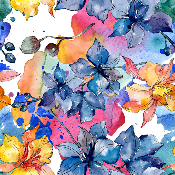 Orchid floral botanical flowers. Wild spring leaf wildflower. Watercolor illustration set. Watercolour drawing fashion aquarelle. Seamless background pattern. Fabric wallpaper print texture. - 写真・画像