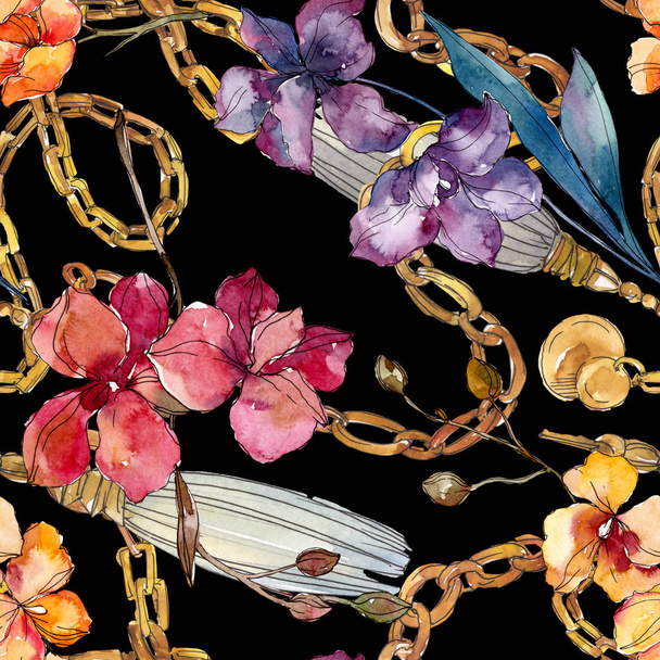 Orchid floral botanical flowers. Watercolor background illustration set. Seamless background pattern. - Fotó, kép