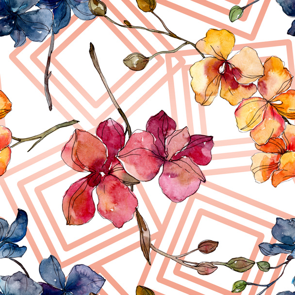 Orchid floral botanical flowers. Watercolor background illustration set. Seamless background pattern. - Foto, Imagen