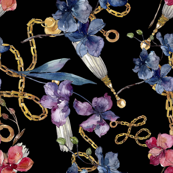 Orchid floral botanical flowers. Watercolor background illustration set. Seamless background pattern. - Фото, изображение