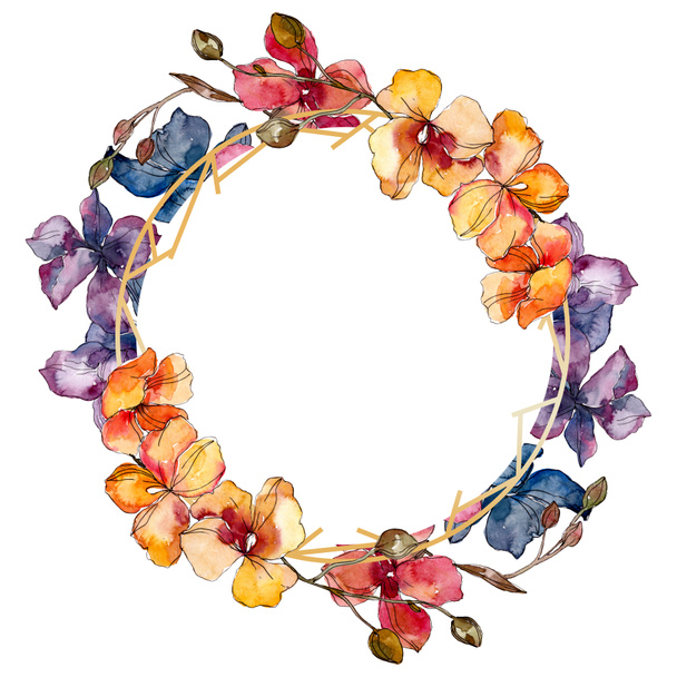 Orchidee florale botanische Blumen. Aquarell Hintergrundillustration Set. Rahmen Rand Ornament Quadrat. - Foto, Bild
