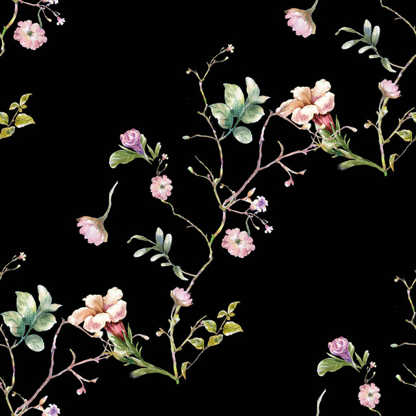 Watercolor painting of leaf and flowers, seamless pattern on dark background - Fotó, kép