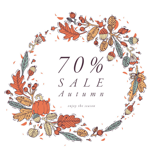 Vector hand draw plant and leaves design for autumn sale card orange color. Typography and icon for special sale offer background, banners or posters and other printables. - ベクター画像