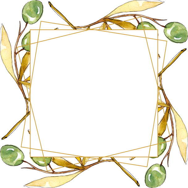 Olive branch with black and green fruit. Watercolor background illustration set. Frame border ornament square. - Φωτογραφία, εικόνα