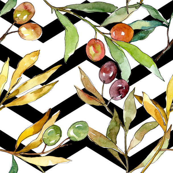 Olive branch with black and green fruit. Watercolor background illustration set. Seamless background pattern. - Photo, image