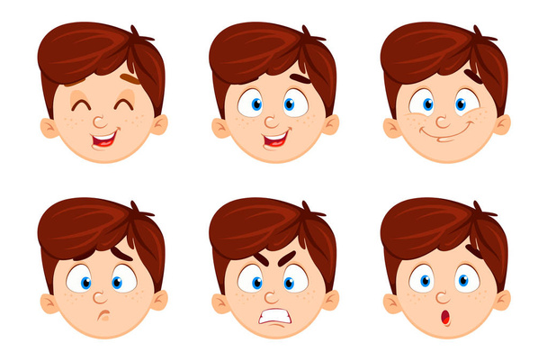 Expresiones faciales de chico lindo. Conjunto de seis emociones
  - Vector, imagen