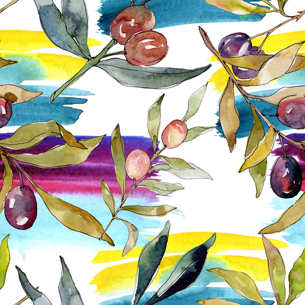 Olive branch with black and green fruit. Watercolor background illustration set. Watercolour drawing fashion aquarelle isolated. Seamless background pattern. Fabric wallpaper print texture. - Fotografie, Obrázek