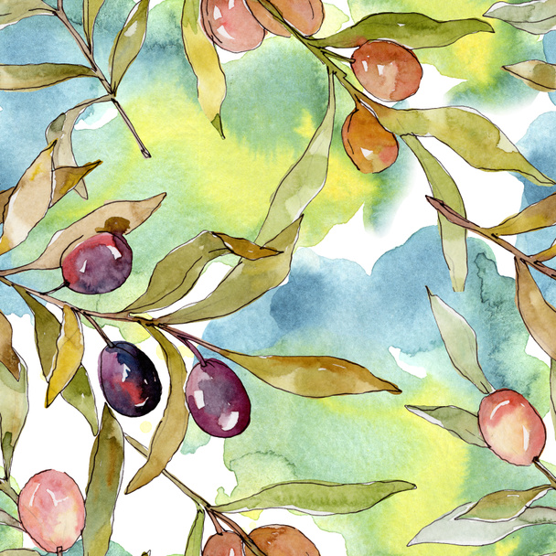 Olive branch with black and green fruit. Watercolor background illustration set. Watercolour drawing fashion aquarelle isolated. Seamless background pattern. Fabric wallpaper print texture. - Foto, immagini