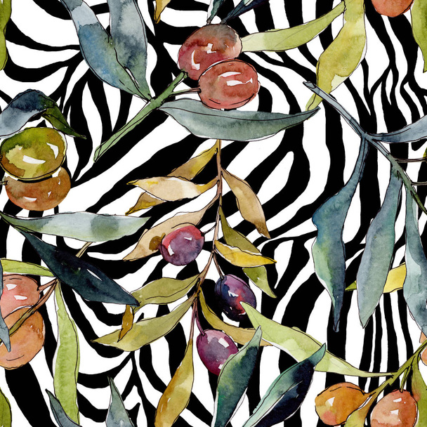 Olive branch with black and green fruit. Watercolor background illustration set. Watercolour drawing fashion aquarelle isolated. Seamless background pattern. Fabric wallpaper print texture. - Zdjęcie, obraz