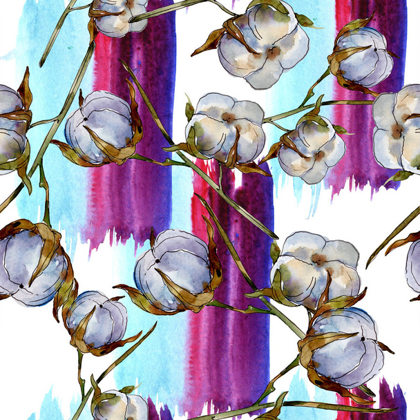 Flores botânicas florais de algodão branco. Conjunto de ilustrações aquarela. Padrão de fundo sem costura. Papel de parede textura de impressão
. - Foto, Imagem
