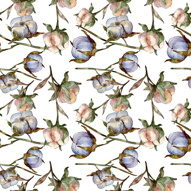 White cotton floral botanical flowers. Watercolor illustration set. Seamless background pattern. Wallpaper print texture. - Foto, Imagen