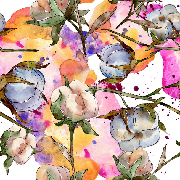 White cotton floral botanical flowers. Watercolor illustration set. Seamless background pattern. Wallpaper print texture. - Foto, imagen