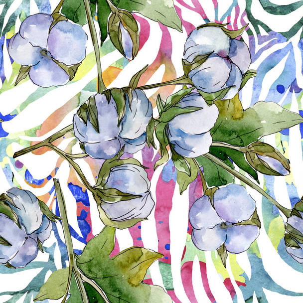 Bílé bavlněné květinové botanické květy. Akvarel na obrázku. Bezespání vzorek pozadí. Textura tisku tapety. - Fotografie, Obrázek