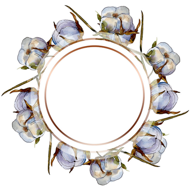 Witte katoenen bloemen botanische bloemen. Aquarel achtergrond illustratie instellen. Frame rand kristallen sieraad met Kopieer ruimte. - Foto, afbeelding