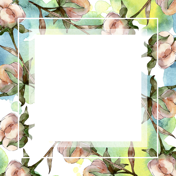 Fiori botanici floreali in cotone bianco. Acquerello sfondo illustrazione set. cornice ornamento di cristallo bordo con spazio copia
. - Foto, immagini