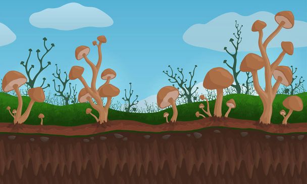 Пейзаж з коричневими грибами на полях
 - Вектор, зображення