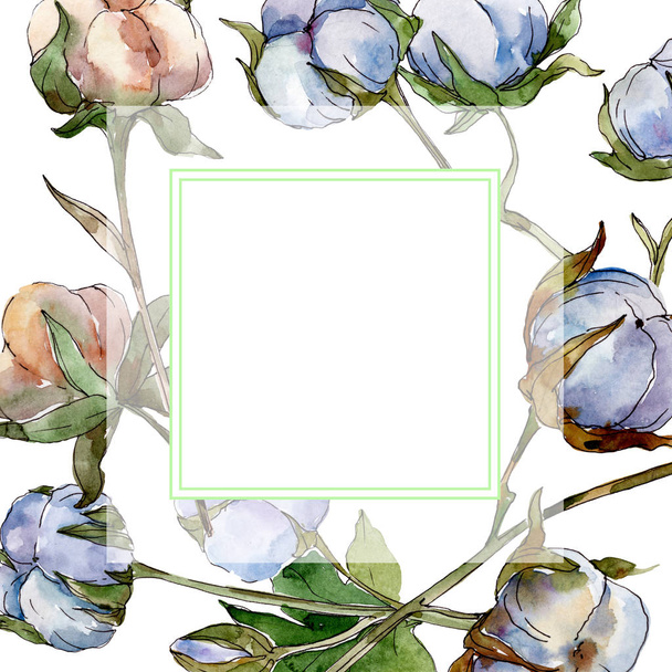White cotton floral botanical flowers. Watercolor background illustration set. Frame border crystal ornament with copy space. - Foto, Imagem