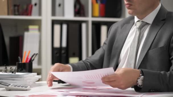 Businessman working and calculating, reads and writes reports. Office employee, table closeup. Business financial accounting concept. - Footage, Video