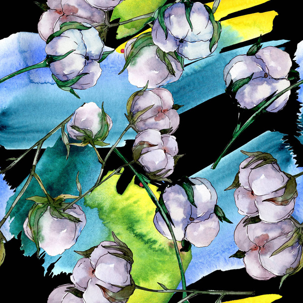 Cotton floral botanical flower. Wild spring leaf wildflower. Watercolor illustration set. Watercolour drawing fashion aquarelle. Seamless background pattern. Fabric wallpaper print texture. - Foto, Imagen