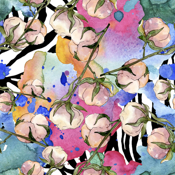 Cotton floral botanical flower. Wild spring leaf wildflower. Watercolor illustration set. Watercolour drawing fashion aquarelle. Seamless background pattern. Fabric wallpaper print texture. - Zdjęcie, obraz