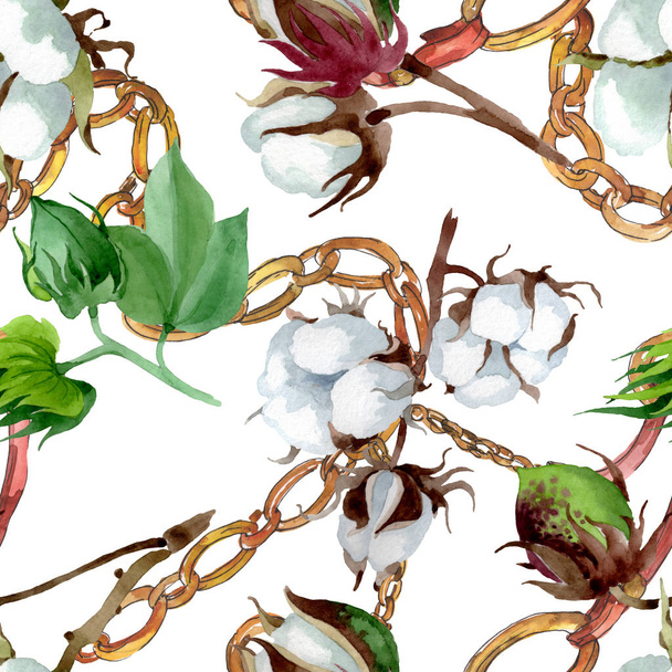 Fehér pamut virágos botanikus virág. Vad tavaszi levél vadvirág. Akvarell illusztráció meg. Akvarell rajz divat Aquarelle. Folytonos háttérmintázat. Szövet tapéta nyomtatási textúra. - Fotó, kép