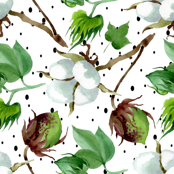 White cotton floral botanical flower. Wild spring leaf wildflower. Watercolor illustration set. Watercolour drawing fashion aquarelle. Seamless background pattern. Fabric wallpaper print texture. - Fotoğraf, Görsel
