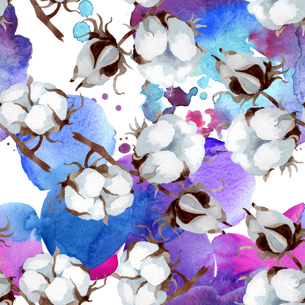 Witte katoenen bloemen botanische bloem. Wilde Lente blad Wildflower. Aquarel illustratie set. Aquarel tekening mode Aquarelle. Naadloos achtergrond patroon. Stof wallpaper print textuur. - Foto, afbeelding