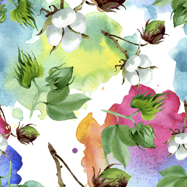 White cotton floral botanical flower. Wild spring leaf wildflower. Watercolor illustration set. Watercolour drawing fashion aquarelle. Seamless background pattern. Fabric wallpaper print texture. - Valokuva, kuva