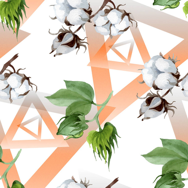 白い綿の花の植物の花。野生の春の葉の野生の花。●水彩イラストセット。水彩画ファッションアクアレル。シームレスな背景パターン。ファブリック壁紙プリントテクスチャ. - 写真・画像