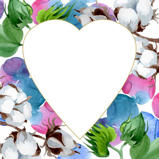 Λευκό βαμβακερό λουλουδάτο βοτανικό λουλούδι. Άγριο άνθος φύλλων άγριας άνοιξης απομονωμένο. Σύνολο εικονογράφησης φόντου. Ακουαρέλεςζωγραφική μόδας. Κορνίζα περίγραμμα στολίδι τετράγωνο. - Φωτογραφία, εικόνα