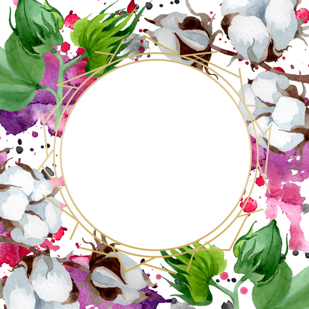 Fehér pamut virágos botanikus virág. Vad tavaszi levél vadvirág. Akvarell háttér illusztráció meg. Akvarell rajz divat Aquarelle. Keretszegély kristály Dísz tér. - Fotó, kép