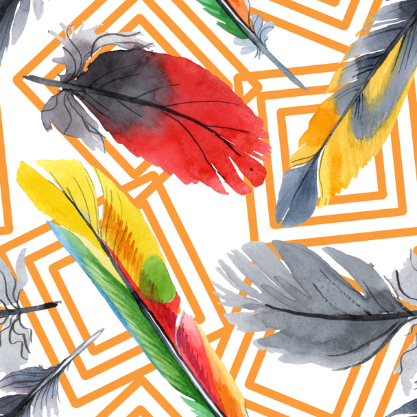 Colorful bird feather from wing isolated. Watercolour drawing fashion aquarelle. Fabric wallpaper print texture. - Photo, Image