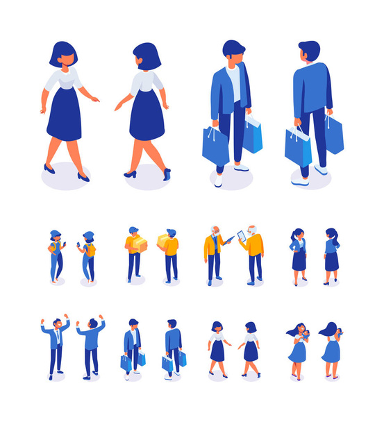 Different isometric people, men and women 3D - front and back view. Vector flat illustration isolated on white background. - Vector, Image