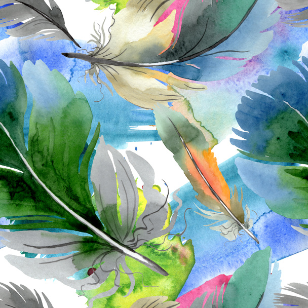 Colorful bird feather from wing isolated. Watercolor background illustration set. Seamless background pattern. - Фото, зображення