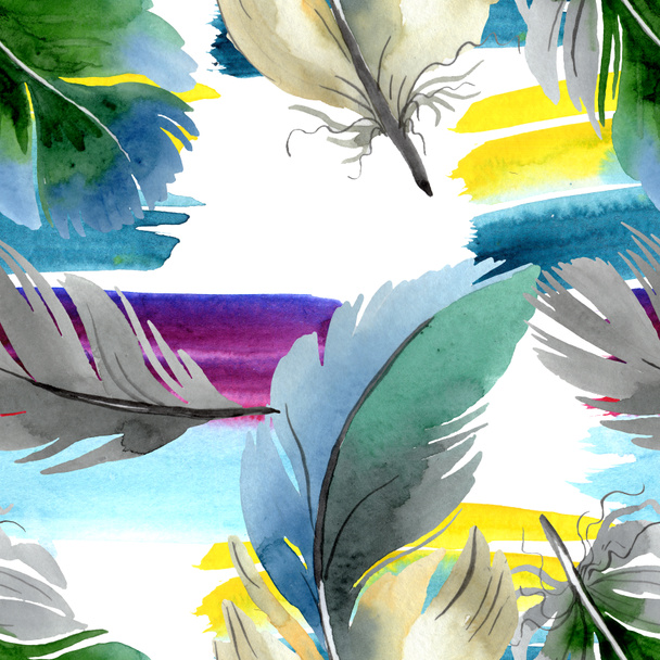 Colorful bird feather from wing isolated. Watercolor background illustration set. Seamless background pattern. - Foto, imagen
