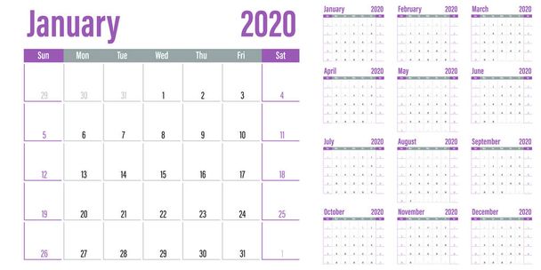 Kalenderplaner 2020 Vorlage Vektor Illustration alle 12 Monate Woche beginnt am Sonntag und zeigt Wochenenden am Samstag und Sonntag - Vektor, Bild