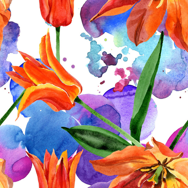 Orange tulip floral botanical flowers. Watercolor background illustration set. Seamless background pattern. - 写真・画像