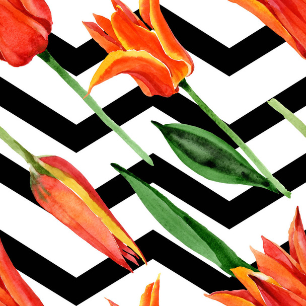 Orange tulip floral botanical flowers. Watercolor background illustration set. Seamless background pattern. - Fotó, kép