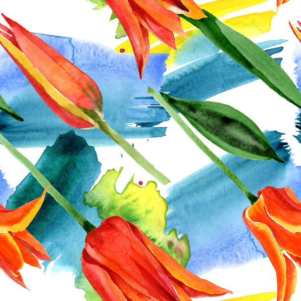 オレンジチューリップの花の植物の花。●水彩背景イラストセット。シームレスな背景パターン. - 写真・画像