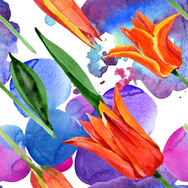Tulipan pomarańczowy kwiatowy kwiatów botanicznych. Akwarela zestaw ilustracji tła. Płynny wzór tła. - Zdjęcie, obraz