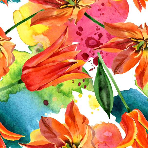 Orange tulip floral botanical flowers. Watercolor background illustration set. Seamless background pattern. - Foto, Imagem